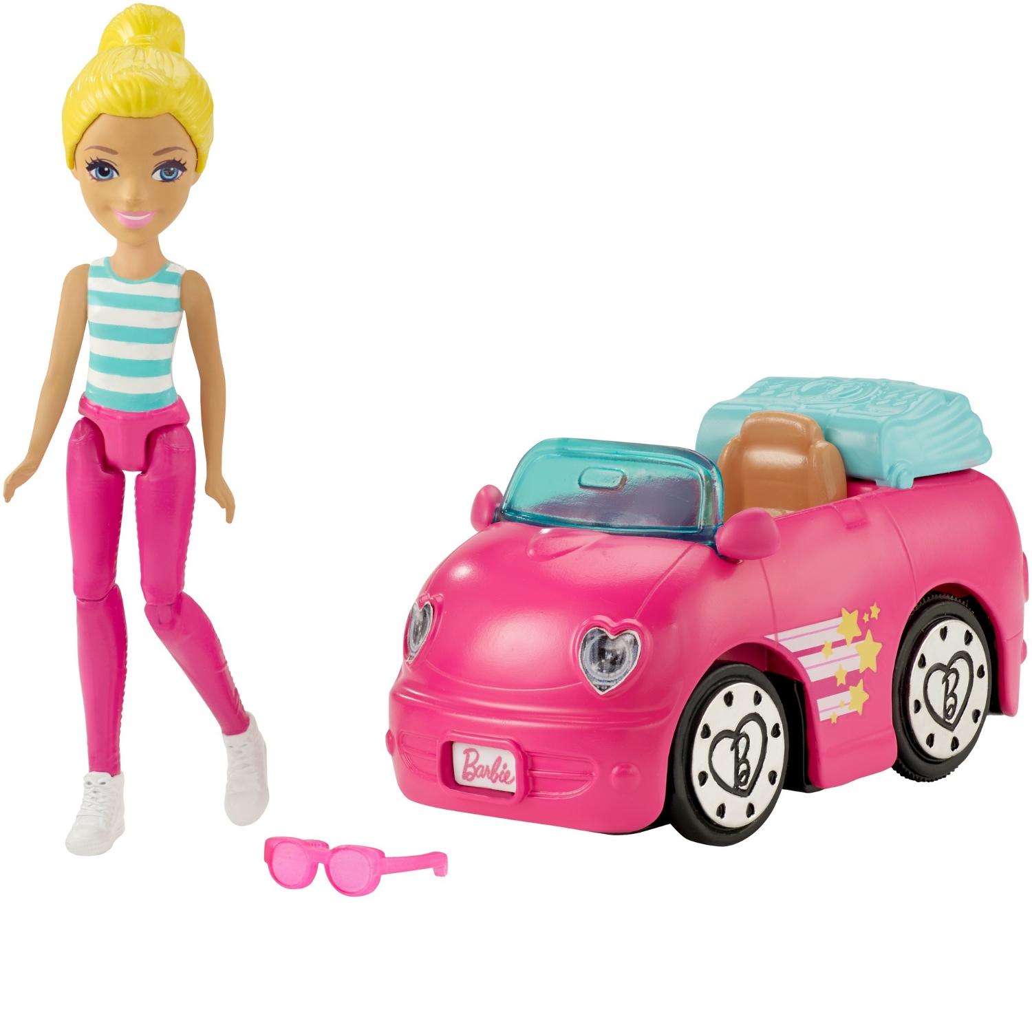 Набор Barbie FHV77 В движении Мини-кукла и розовый автомобиль, 11 см